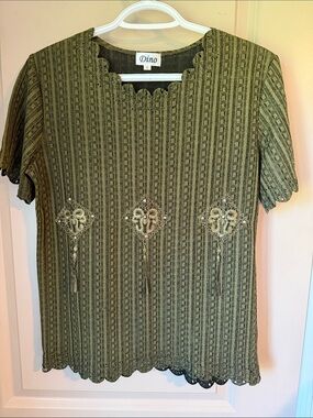 Dino Scalloped Olive Knit Top Rhinestone Embellished Tassel Goblincore Earthy Sm